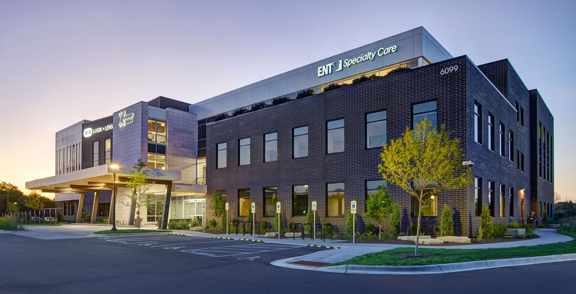 Outside view at dusk of the ENT Specialty Care building by Davis Group.